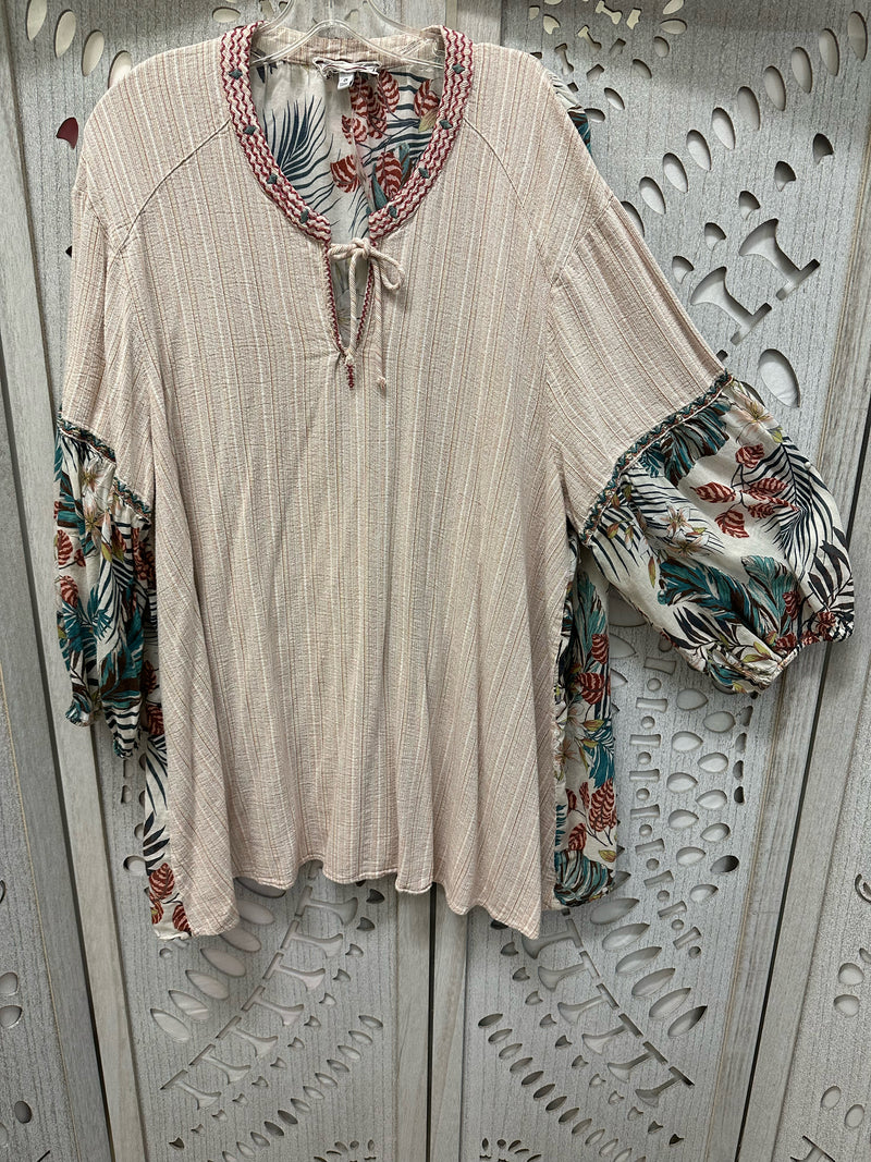 Johnny Was Cotton Blend Beige w/ multi colors Tropical leaves Size 1X Tunic