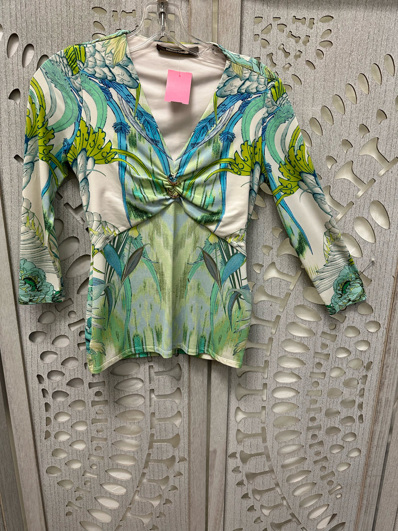 Roberto Cavalli Polyblend White with multi color Abstract leaves Size 38 Blouse