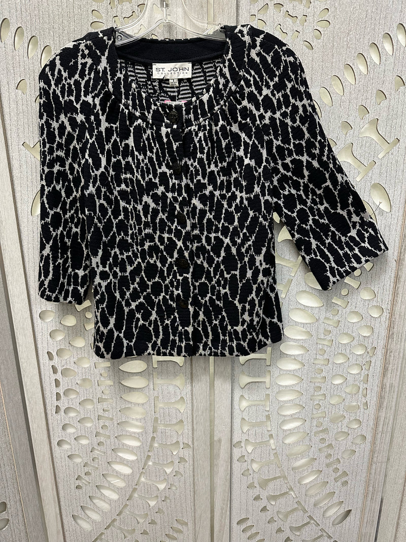 St. John Santana Knit Black/Silver Animal Print Size 2 Jacket