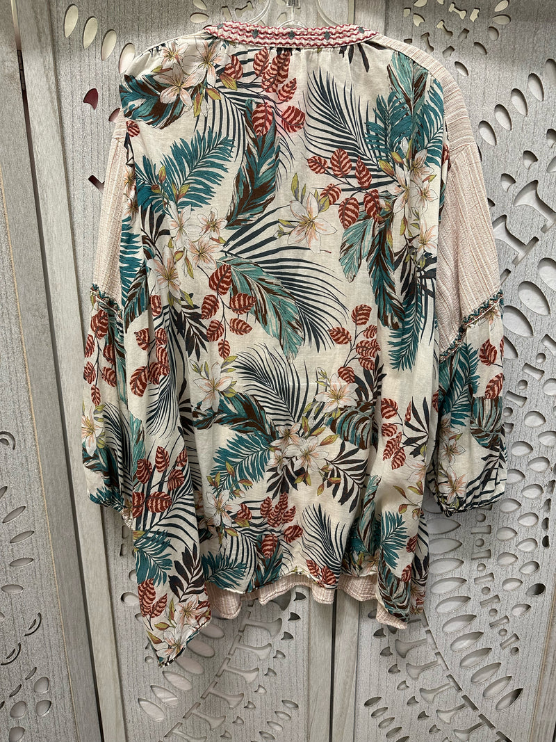 Johnny Was Cotton Blend Beige w/ multi colors Tropical leaves Size 1X Tunic