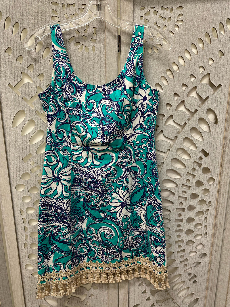 Lilly Pulitzer Cotton Turquoise/Navy/white Floral/Paisley Size 2 Dress