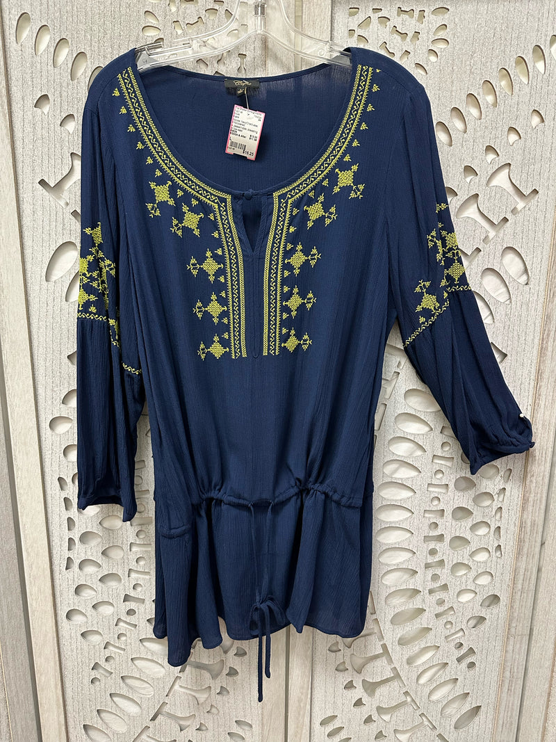 Cupio Viscose Navy/Chartruese Embroidered Size L Blouse