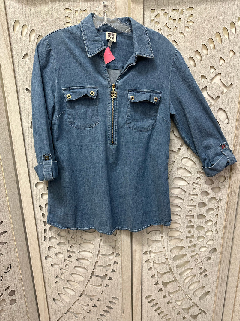 Anne Klein Cotton Blend Denim Solid Size M Blouse