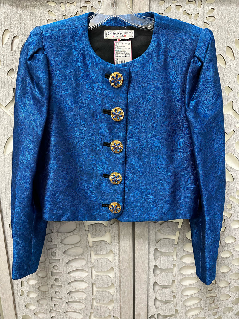 Yves Saint Laurent Silk Royal Blue Tonal Floral Size XS Jacket