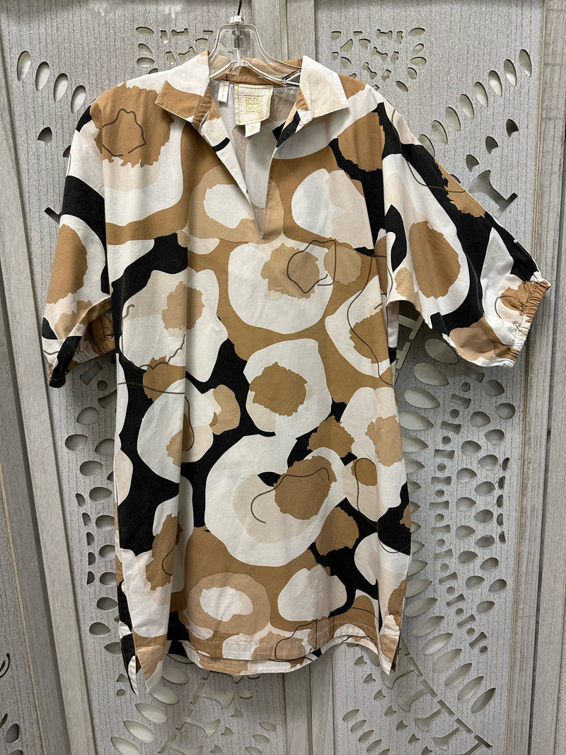 Emily McCarthy Cotton black/camel/beige/white Abstract Poppies Size M Dress