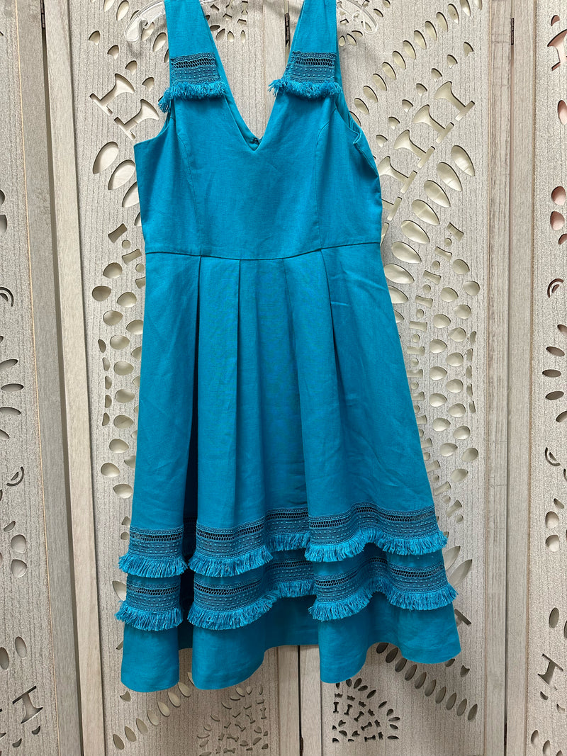 Belle Badgley Mischk Linen Turquoise Fringe Size 14 Dress