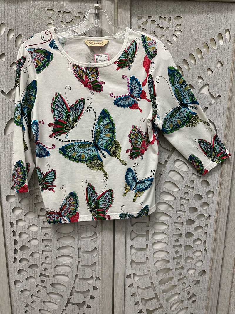 Norm Thompson Cotton Blend White with multi color Butterflies Size S Blouse