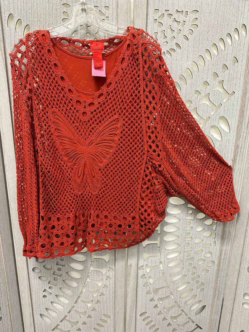 Christina Cotton Blend Burnt Orange Open Weave Size L Sweater