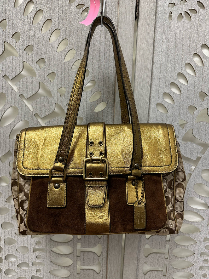 COACH Canvas/Suede Gold/Brown Legacy Handbag