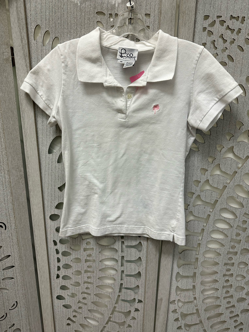 Lilly Pulitzer Cotton Blend White/Pink Logo Size M Polo