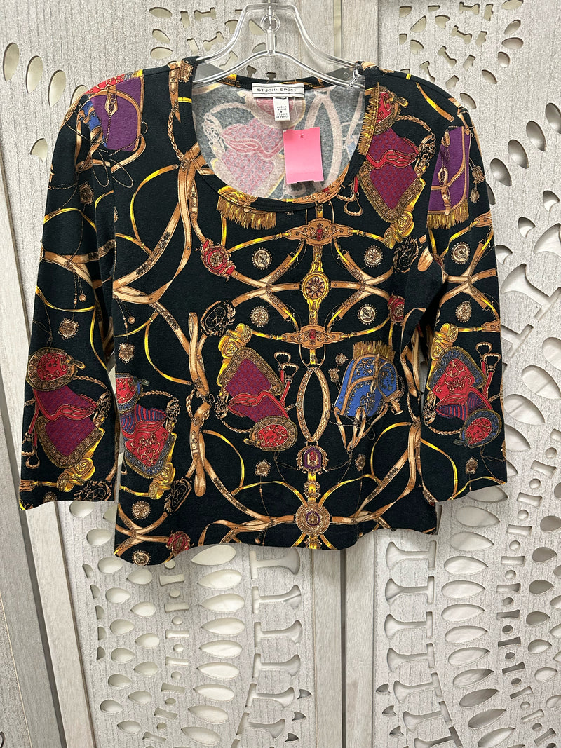 St. John Sport Cotton Blend Black w/ multi color Equestrian Size S Blouse