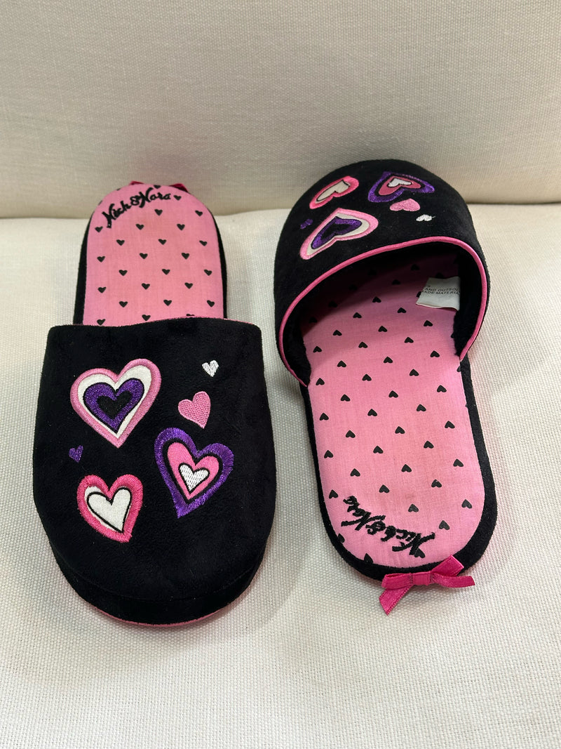 Nick & Nora Man Made Material Black/pink/lavender Hearts Size XL Slippers