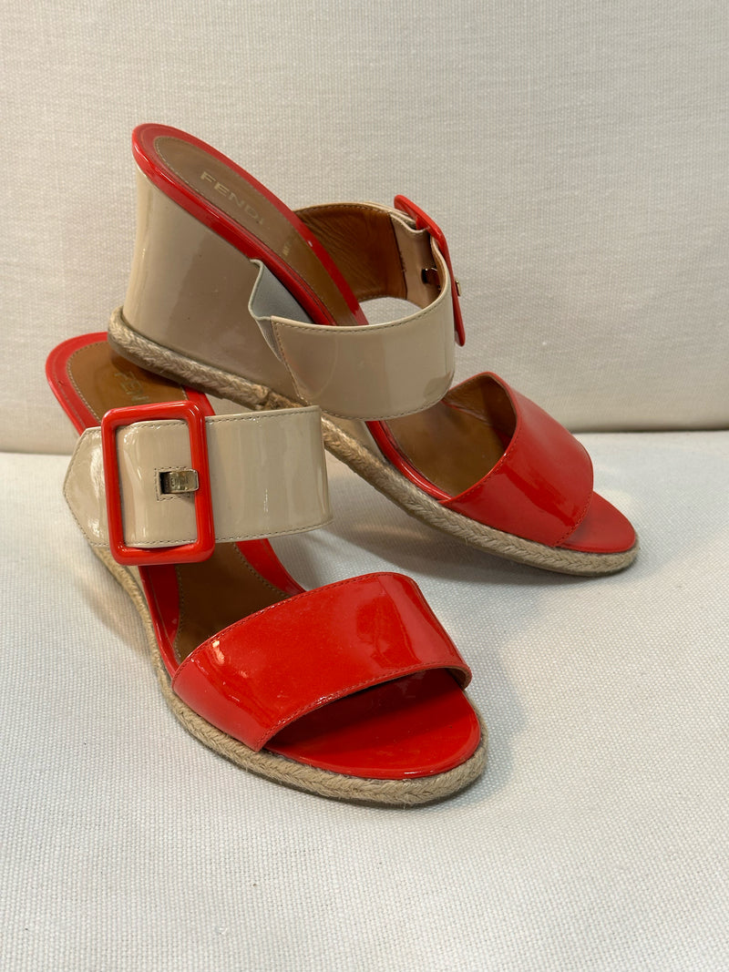 Fendi Patent Leather Beige/Red Size 38 Wedges