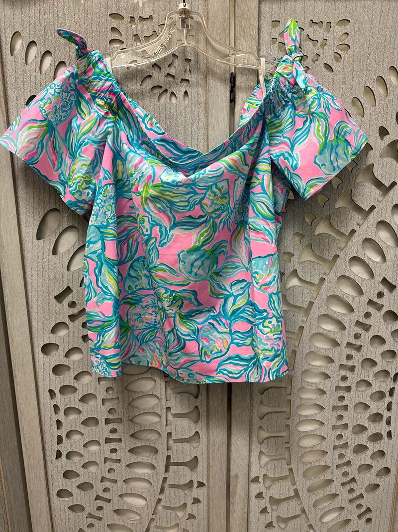 Lilly Pulitzer Cotton Blue/pink/green/white Angelfish Size M Blouse