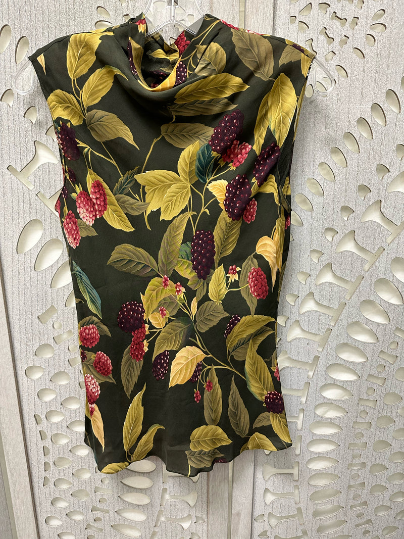 Linda Allard Ellen Tracy Silk Green/olive/maroon/pink Berries/leaves Blouse