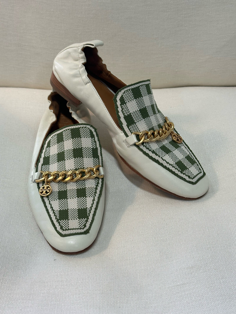 Tory Burch Leather/Fabric Green/White Mini Benton Size 7.5 Loafers