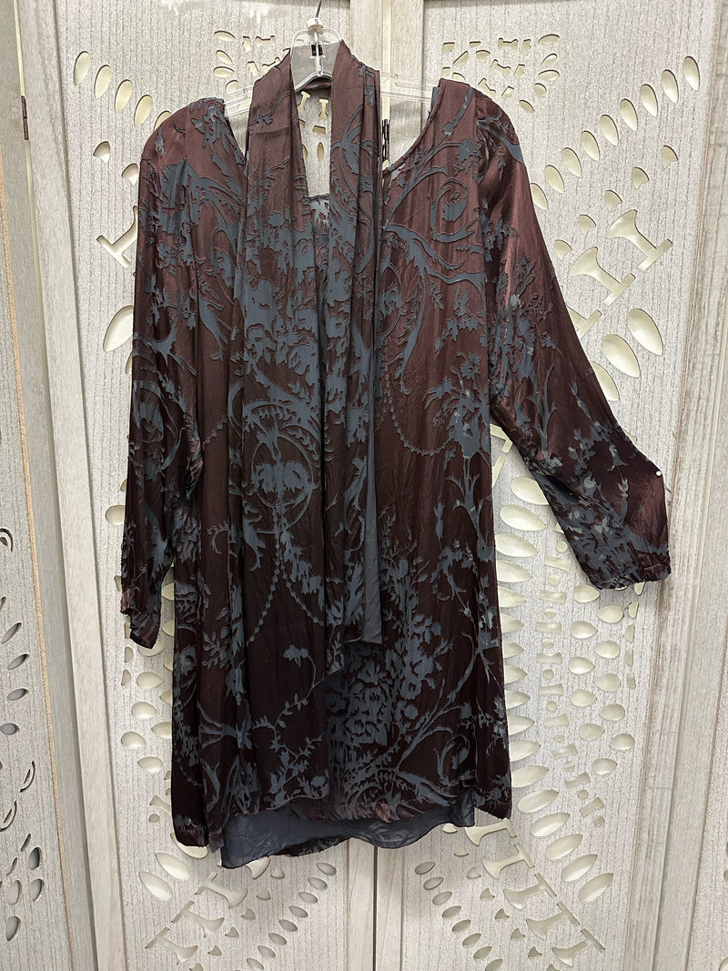 MIKE TOD RAYON/SILK Brown/Gray Leafy Size S Dress