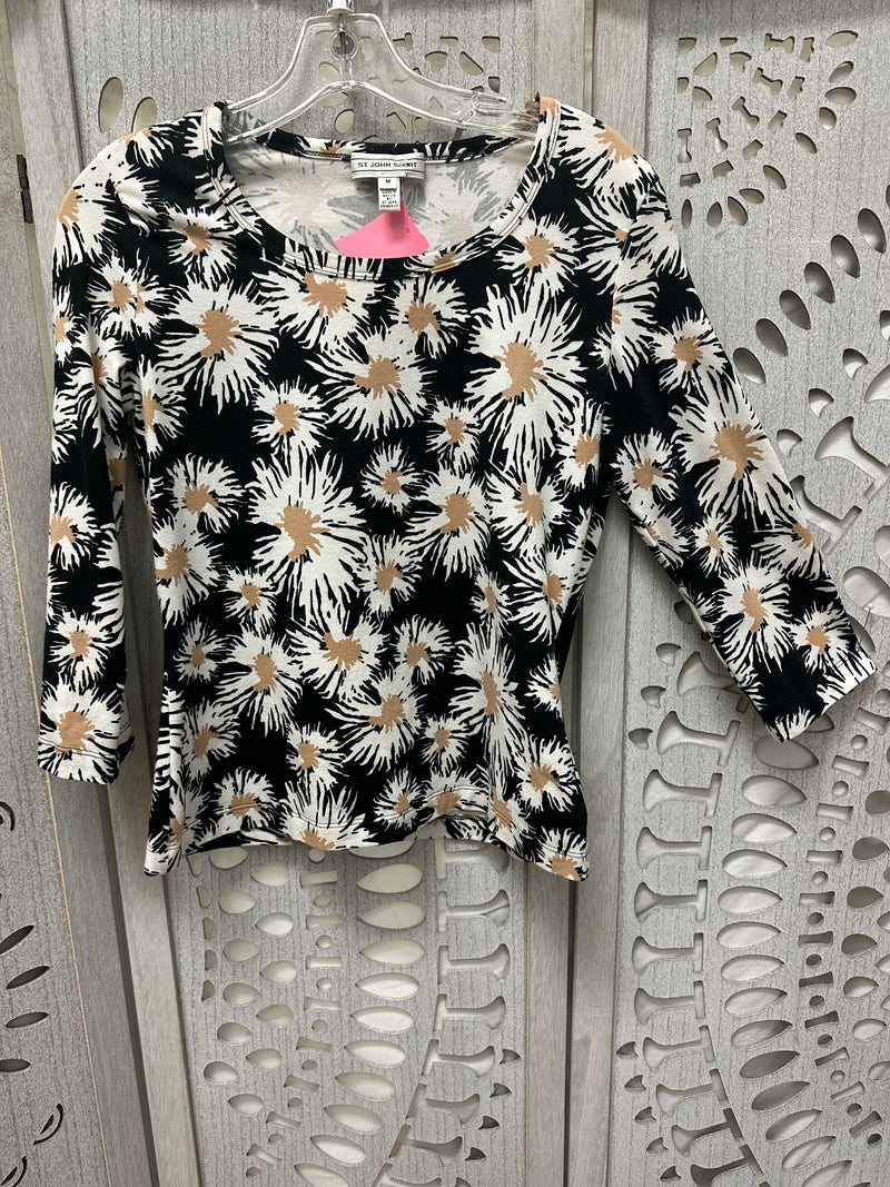 St. John Sport Cotton Blend black/gold/white Floral Size M Blouse