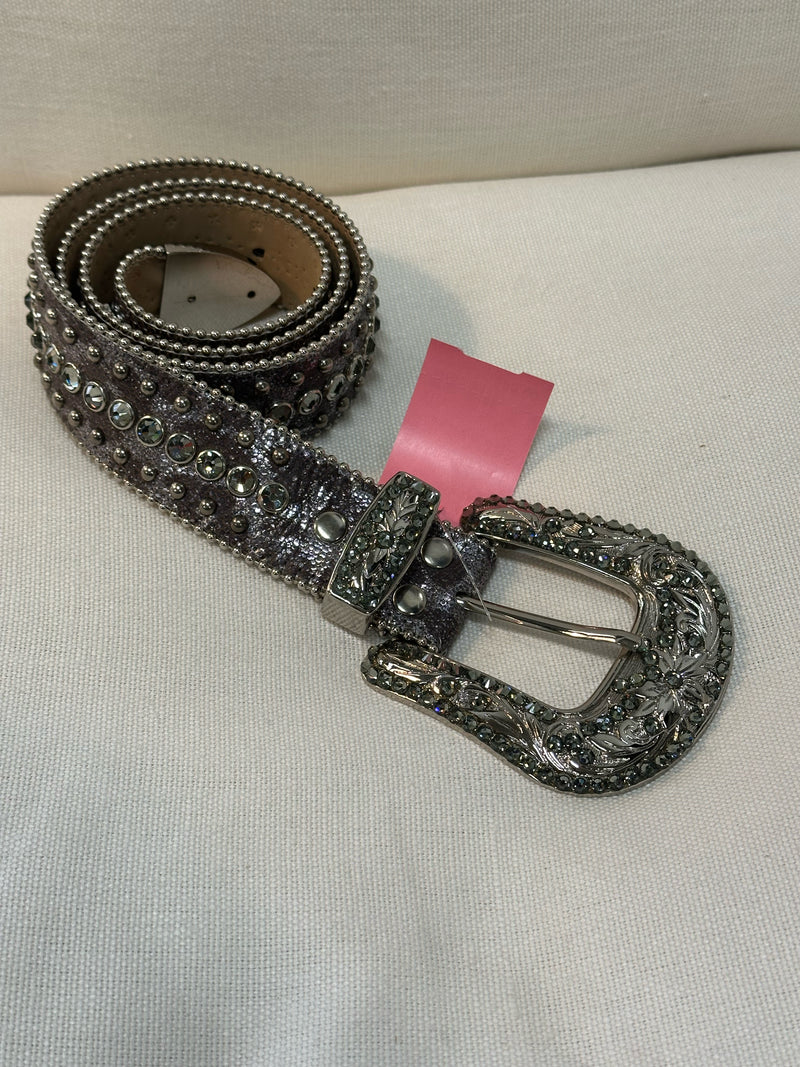 b.b. Simon Leather Metallic Silver Studs/Rhinestones Size XL Belt