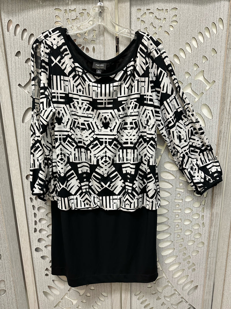 Nicole by Nicole Miller Polyblend Black/White Abstract Size XL Dress