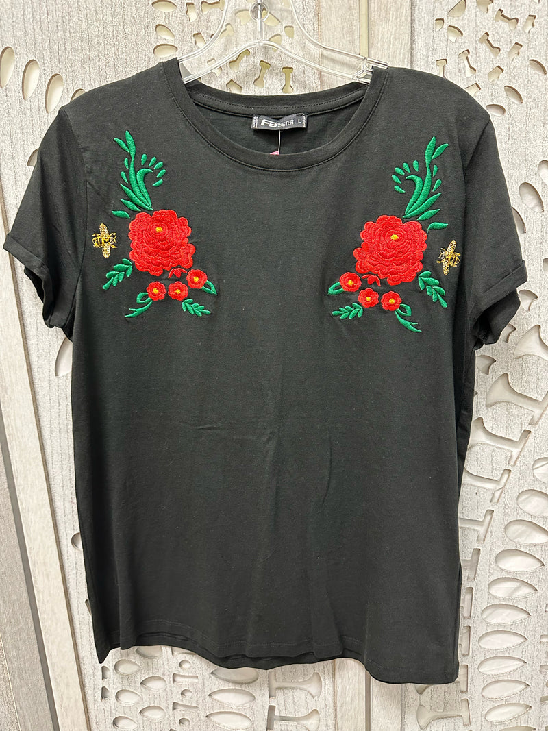 FB Sister Cotton Blend Black w/ multi color Embroidered Floral Size L T-shirt