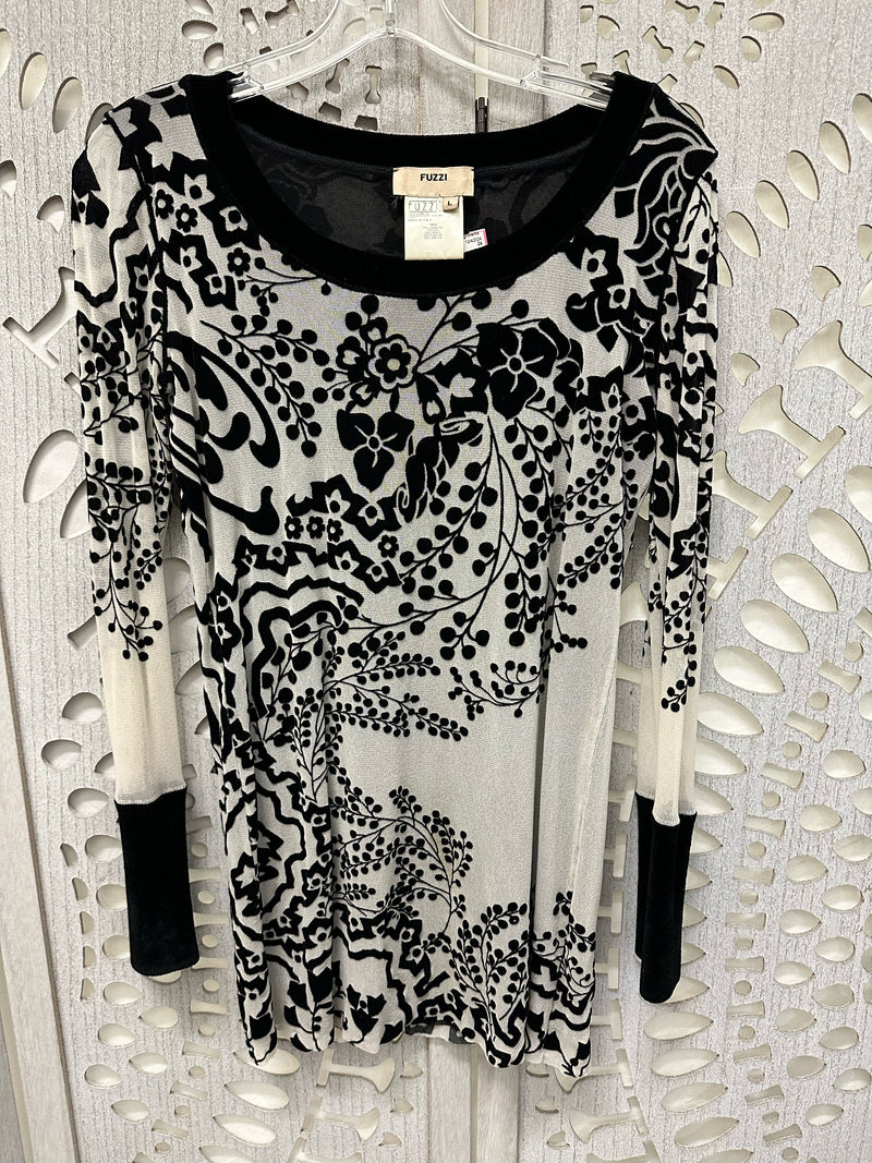 Fuzzi Nylon Black/Ivory Floral Size L Blouse