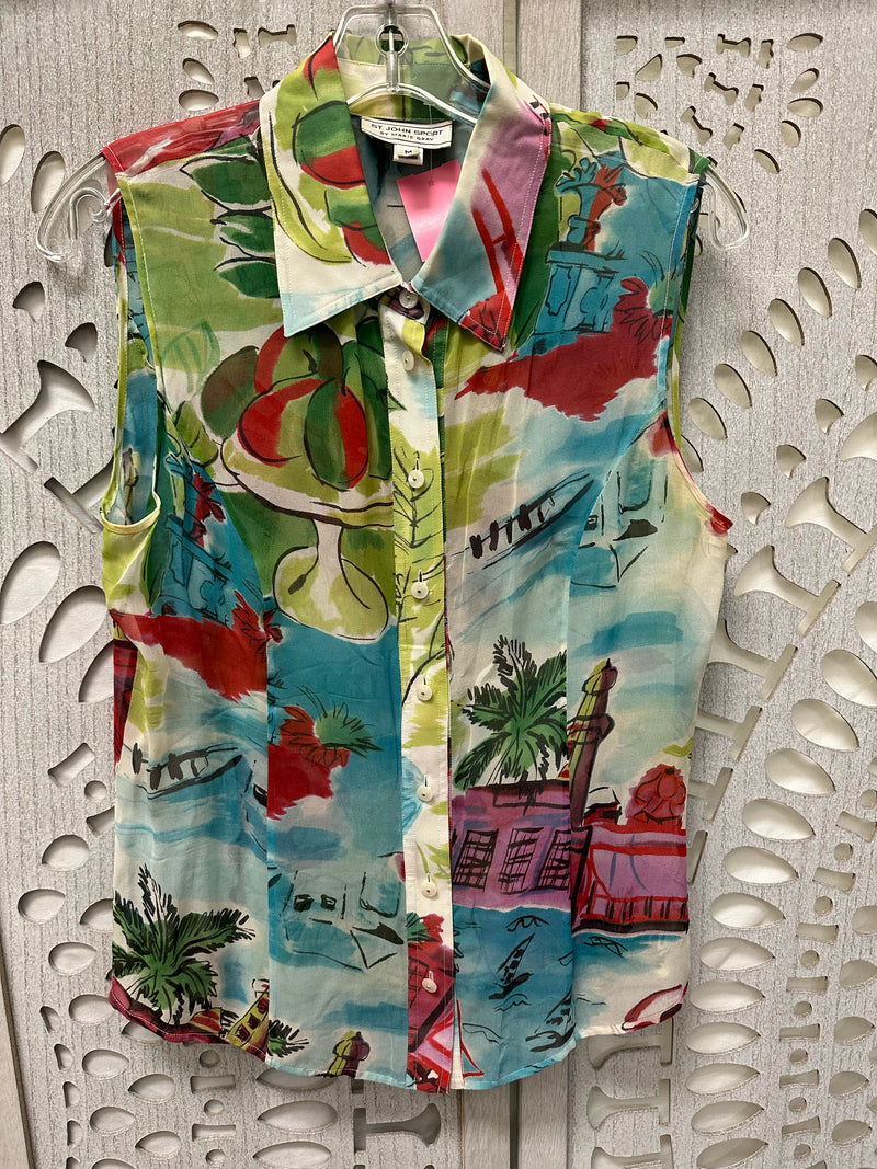 St. John Sport Silk Multi Colors Coastal Print Size M Blouse