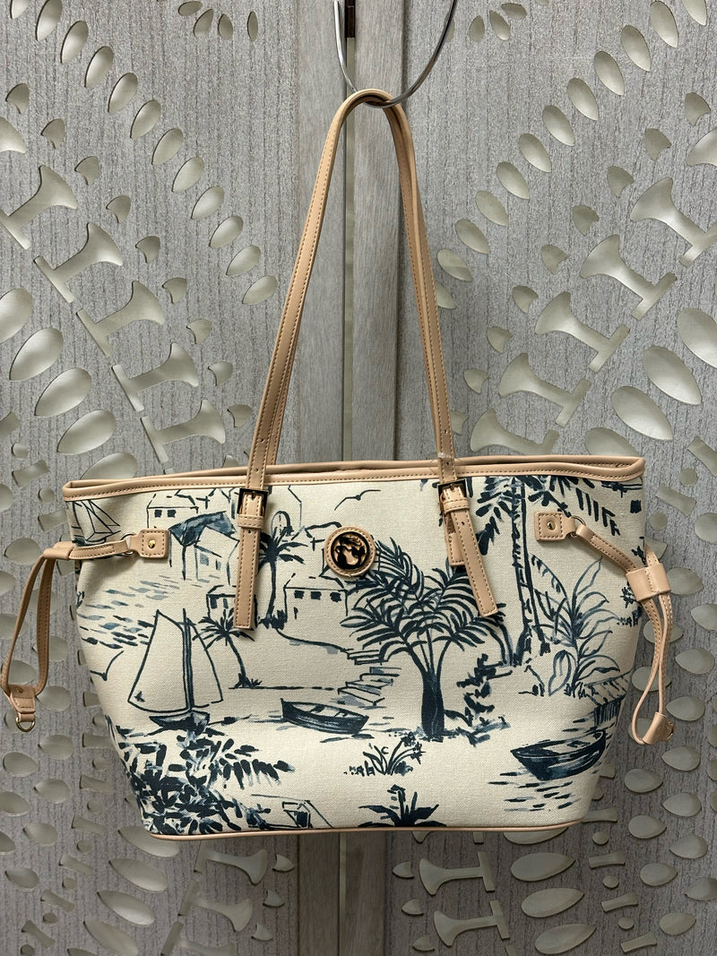 Spartina 449 Canvas/Leather Blue/Cream Daise Seascape Handbag